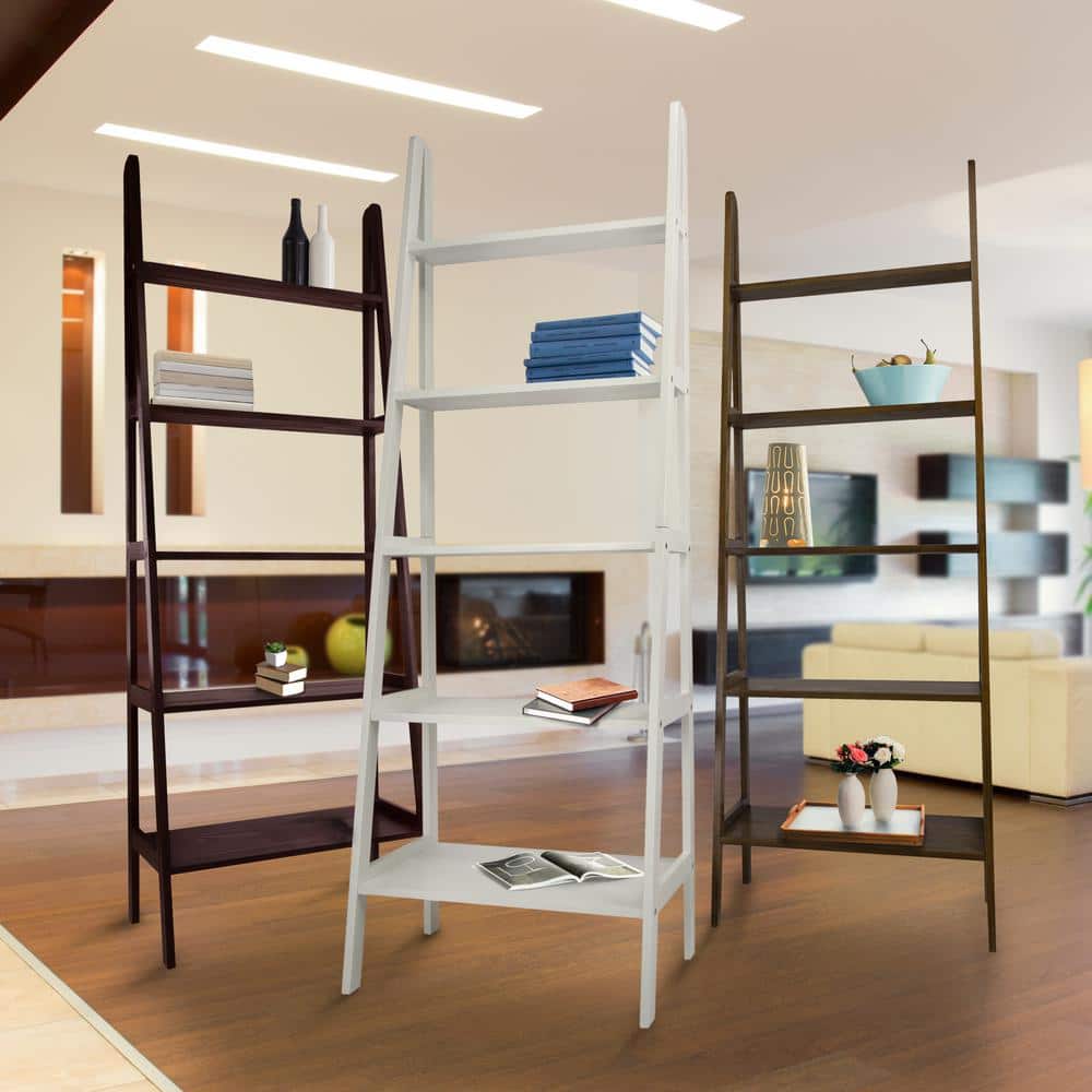 Espresso Solid Wood Adjustable 5-Shelf Ladder Bookcase