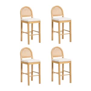 Bailey 29 in. Upholstered Boucle Rattan and Wood Bar Height Bar Stool w/ Woven Back, Cream Boucle/Warm Pine, Set of 4