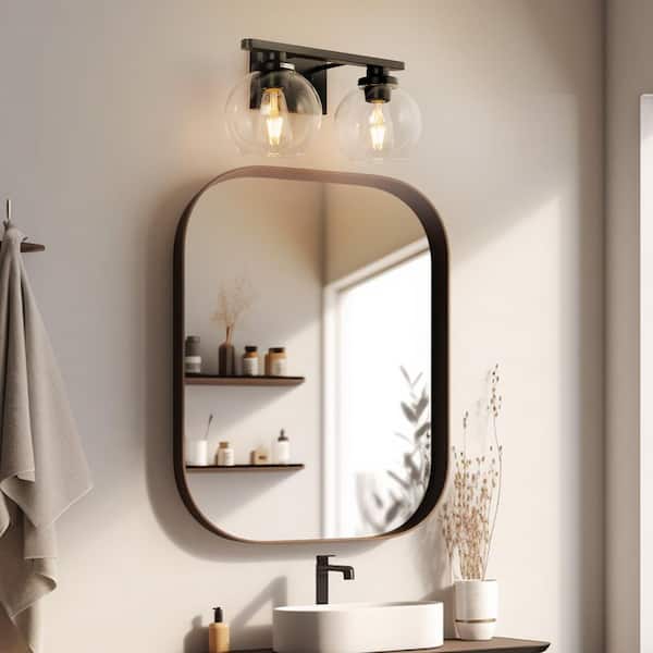 16 in. 2-Light Industrial Matte Black Bathroom Vanity Light, Open Globe Clear Glass Wall Sconce for Bathroom