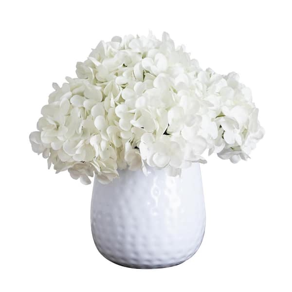 Nearly Natural 11 in. Artificial Hydrangea Arrangement in White Metal Vase