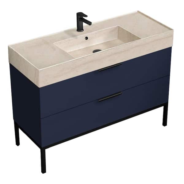 Derin 47.64 in W x 18.11 in D x 34.65 in H Freestanding BathVanity in Navy Blue with Ceramic Beige Travertine Design Top