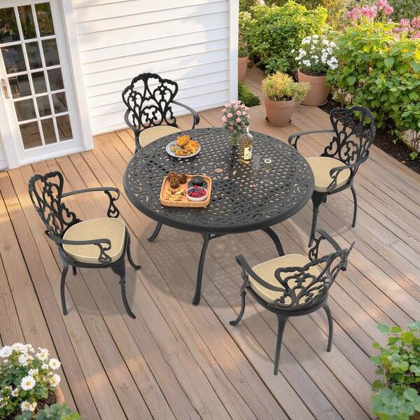 5-Piece Black Cast Aluminum Outdoor Dining Set with Off-White Cushions