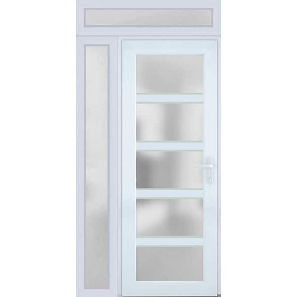 VDOMDOORS 52 in. x 94 in. Left-Hand/Inswing Sidelight and Transom Frosted Glass White Steel Prehung Front Door with Hardware