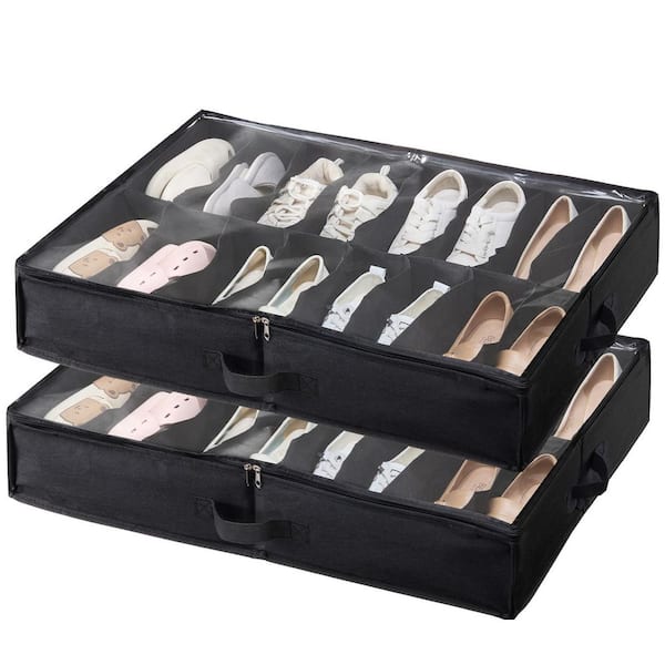 Under Bed Shoe Storage Organizer, 31.5 in. L x 31.5 in. D Black Wire Closet Shelf with Set of 2, Total 32 Compartments