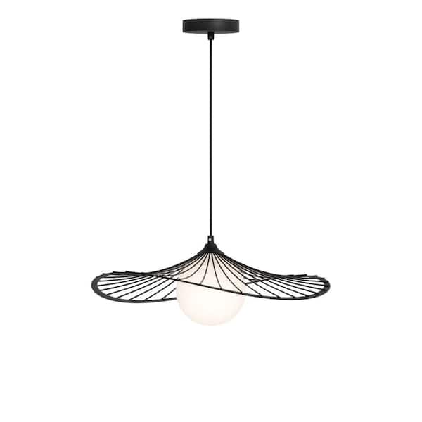 L'Acrobate 19.63 in. W 1-Light Matte Black Pendant, Wireframe Design and Opal Glass Shade, Adjustable Hanging Height