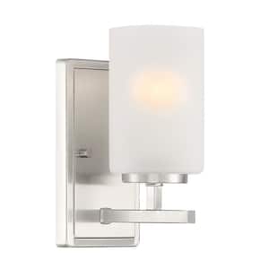 Carmine 4.5 in. 1-Light Brushed Nickel Modern Wall Sconce with Etched Glass Shade