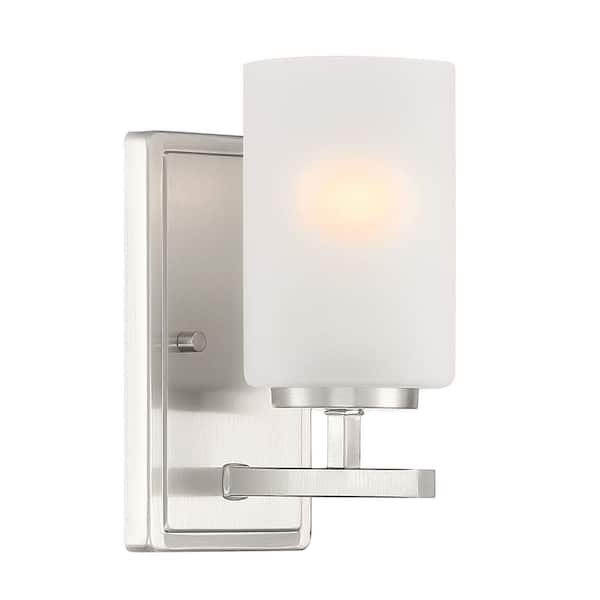 Carmine 4.5 in. 1-Light Brushed Nickel Minimalist Wall Sconce with Etched Glass Shade