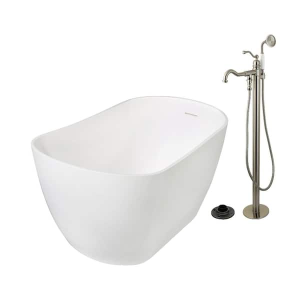 Arcticstone 51.6 in. x 28.4 in. Surface White Stone Flatbottom Soaking Freestanding Bathtub in White/Brushed Nickel