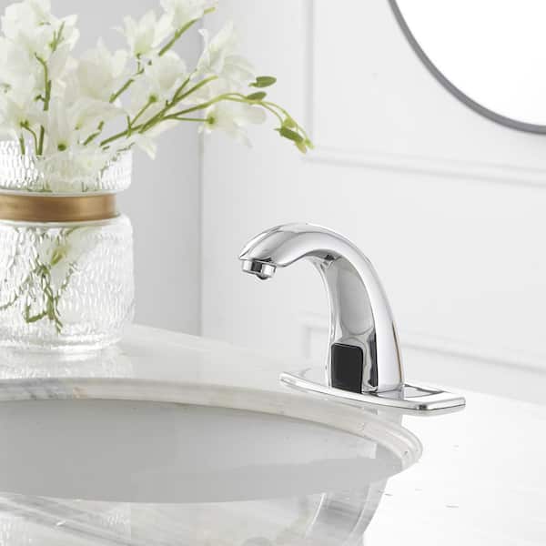 Automatic Sensor Touchless Bathroom Sink Faucet With Deck Plate & Pop Up Drain In Polished Chrome