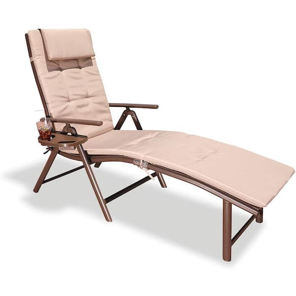 Siavonce Aluminum Foldable Single Outdoor Lounge Chair Caramel Color with Beige Cushion and Tiltable Backrest