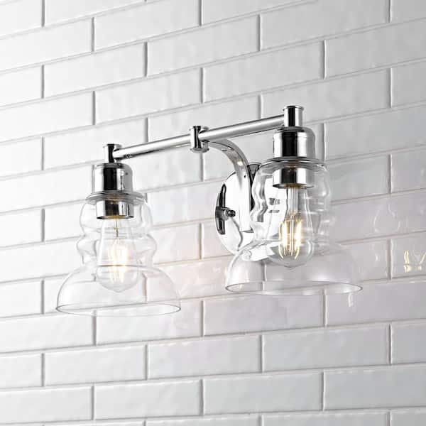 JONATHAN Y Manhattan Vintage 18.5 in. 2-Light Chrome Metal/Glass Industrial Rustic LED Vanity Light