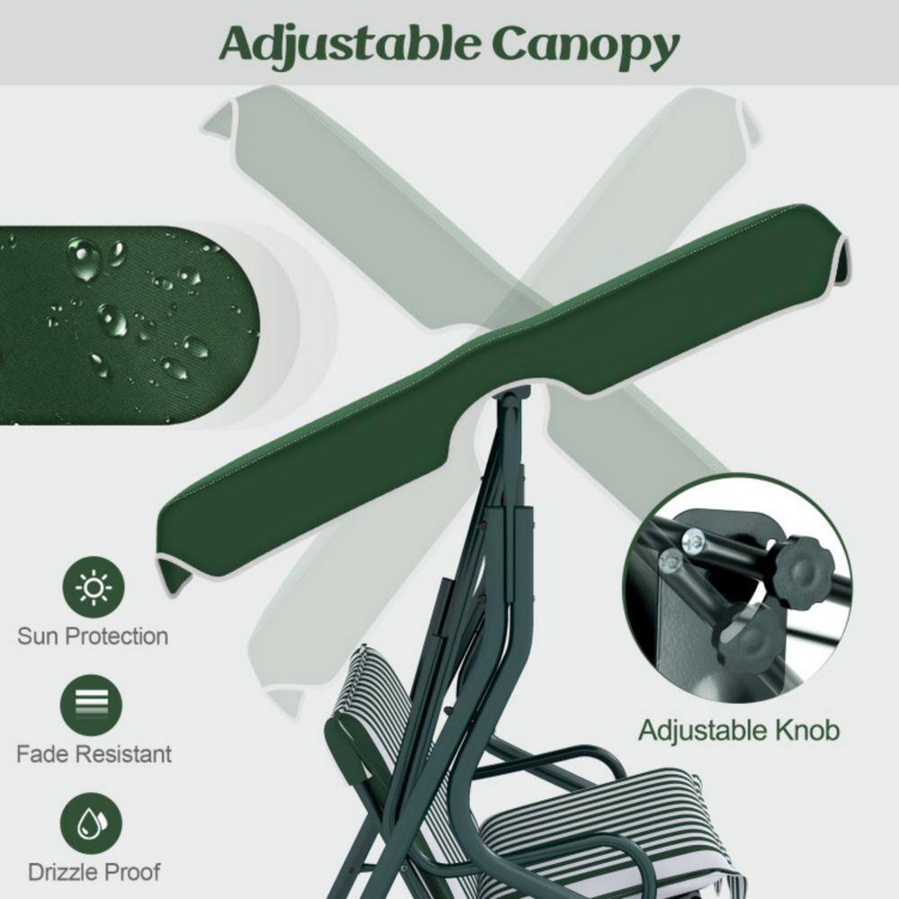 Green and White Striped Metal 3-Person Porch Swing with Adjustable Canopy