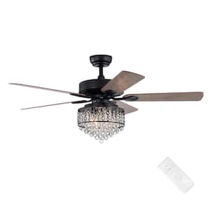 Ella 52 in. Indoor Matte Black Glam Ceiling Fan with Crystal Light Kit and Remote Control