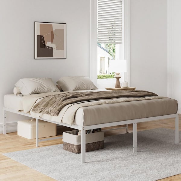 Lusimo White 18 in. Queen Bed Frame Metal Platform Bed