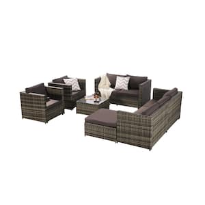 6-Piece Brown Wicker Patio Conversation Set with Brown Cushions