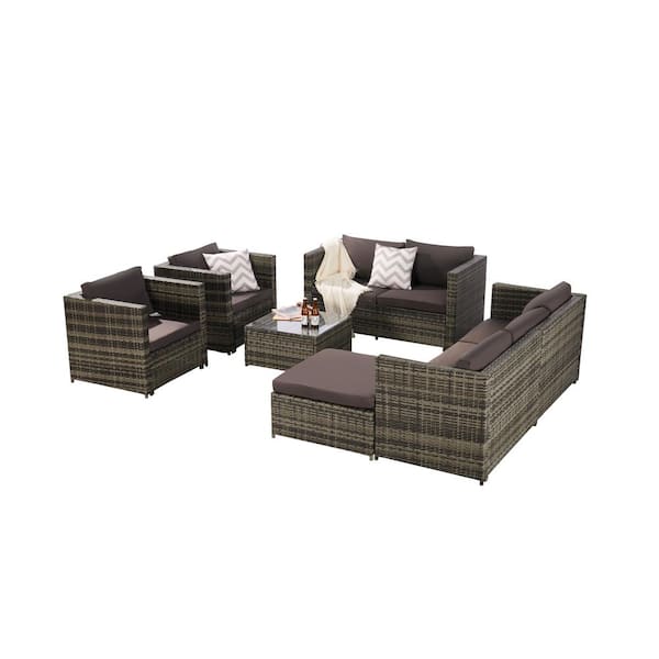 maocao hoom 6-Piece Brown Wicker Patio Conversation Set with Brown Cushions
