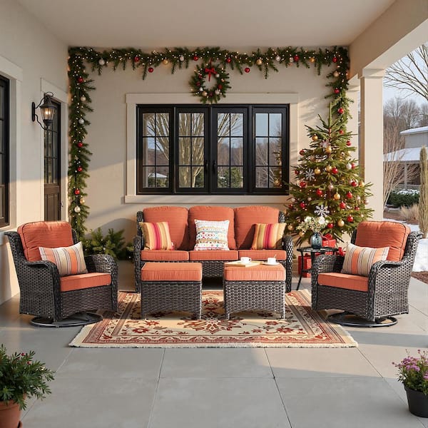 XIZZI Moonlight Brown 6-Piece Wicker Patio Conversation Seating Sofa Set with Orange Red Cushions and Swivel Rocking Chairs