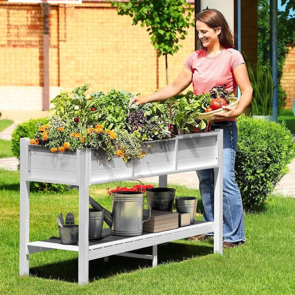 AUTMOON 46 in. x 17 in. x 28 in. Outdoor White Plastic Wood Raised Garden Bed Planter Box with Shelf