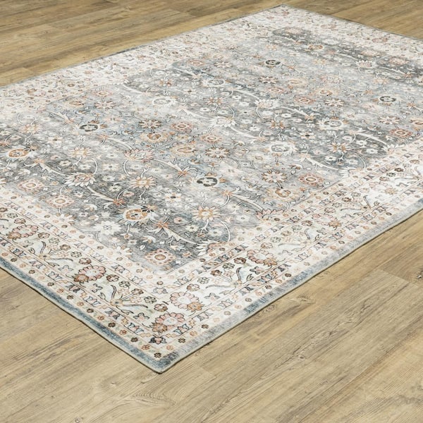 Summit Gray/Ivory 2 ft. x 8 ft. Traditional Oriental Border Polyester Machine Washable Indoor Runner Area Rug