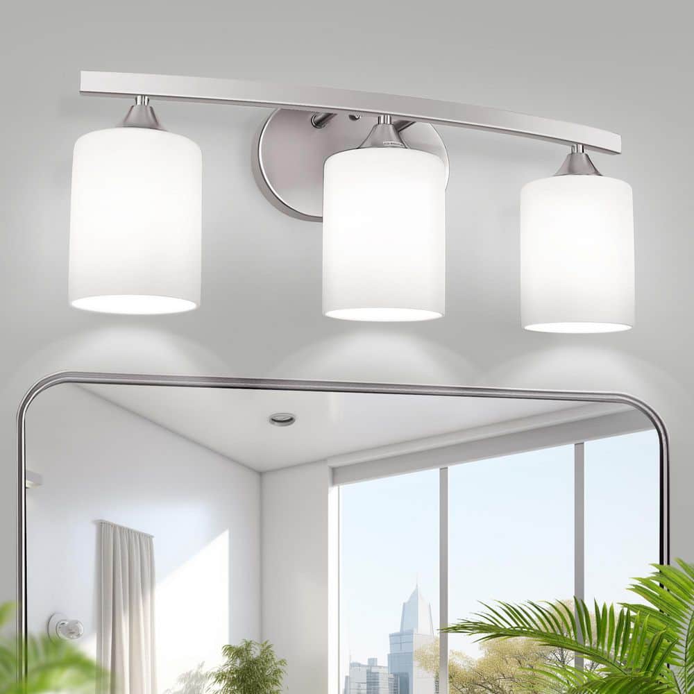 22 in. 3 Light Nickel Cylinder Vanity Light for Bathroom Bedroom with Curved Arms and White Glass Shades price history on PriceWatchPro