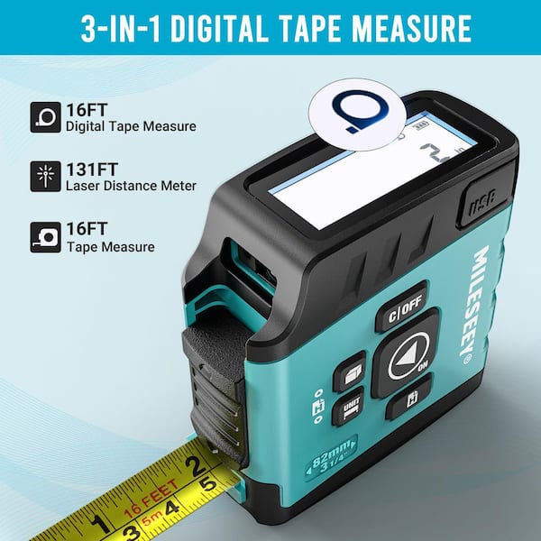 DT20 130 ft. 3-in-1 16 ft. Digital Tape Measure, Laser Distance Meter, Area, Volume. Pythagorean, Rechargeable