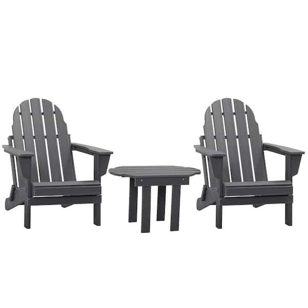 Outsunny 3-Piece Plastic Adirondack Chair Set with Side Table, Foldable Outdoor Bistro Set Dark Grey