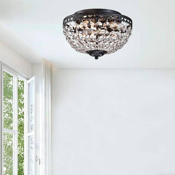 Jojospring Silvia 11.8 in. 3Light Antique Black Crystal Flush Mount