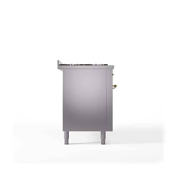 Nostalgie II 60 in. Dual Fuel Natural Gas Range with 9-Burnerss, Griddle, Brass Trim in Stainless Steel