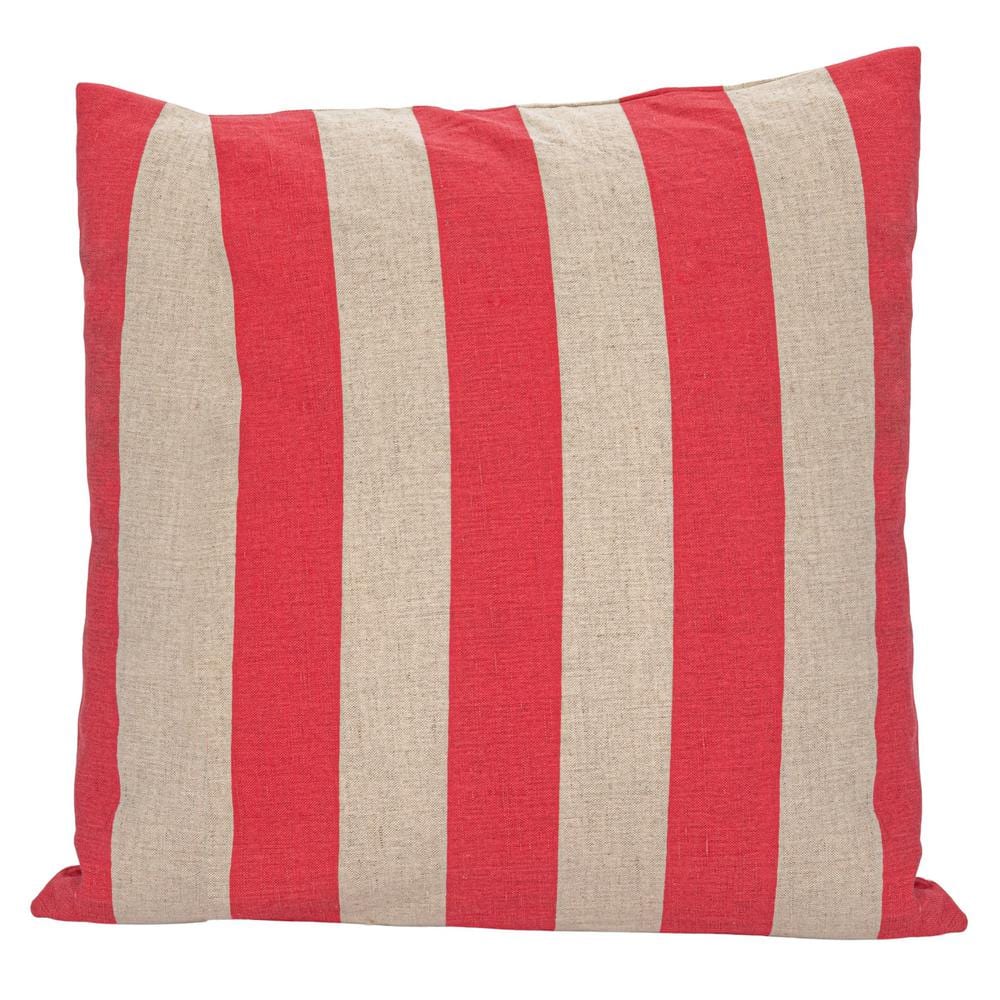 Red and Natural Striped Cotton Linen Square Pillow