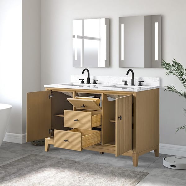 54 in. W x 22 in. D Double Sink Freestanding Natural Oak Bath Vanity Cabinet with White Engineered Marble Top