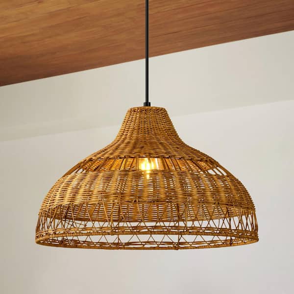 Hunter 1-Light Farmhouse Brown Natural Handwoven Rattan Dome Pendant Light