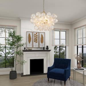 Neuvy 33 in. W 8-Light Brass Cluster Chandelier with Swirled Glass Crystal Shades for Staircase and Living Room