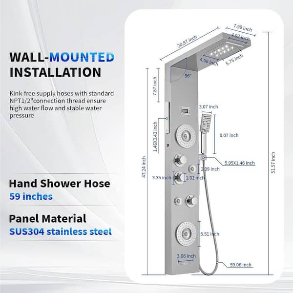 5-in-1, 4-Jet Shower Panel Tower System with Rainfall Waterfall Shower Head, and Massage Body Jets in Chrome Nickel