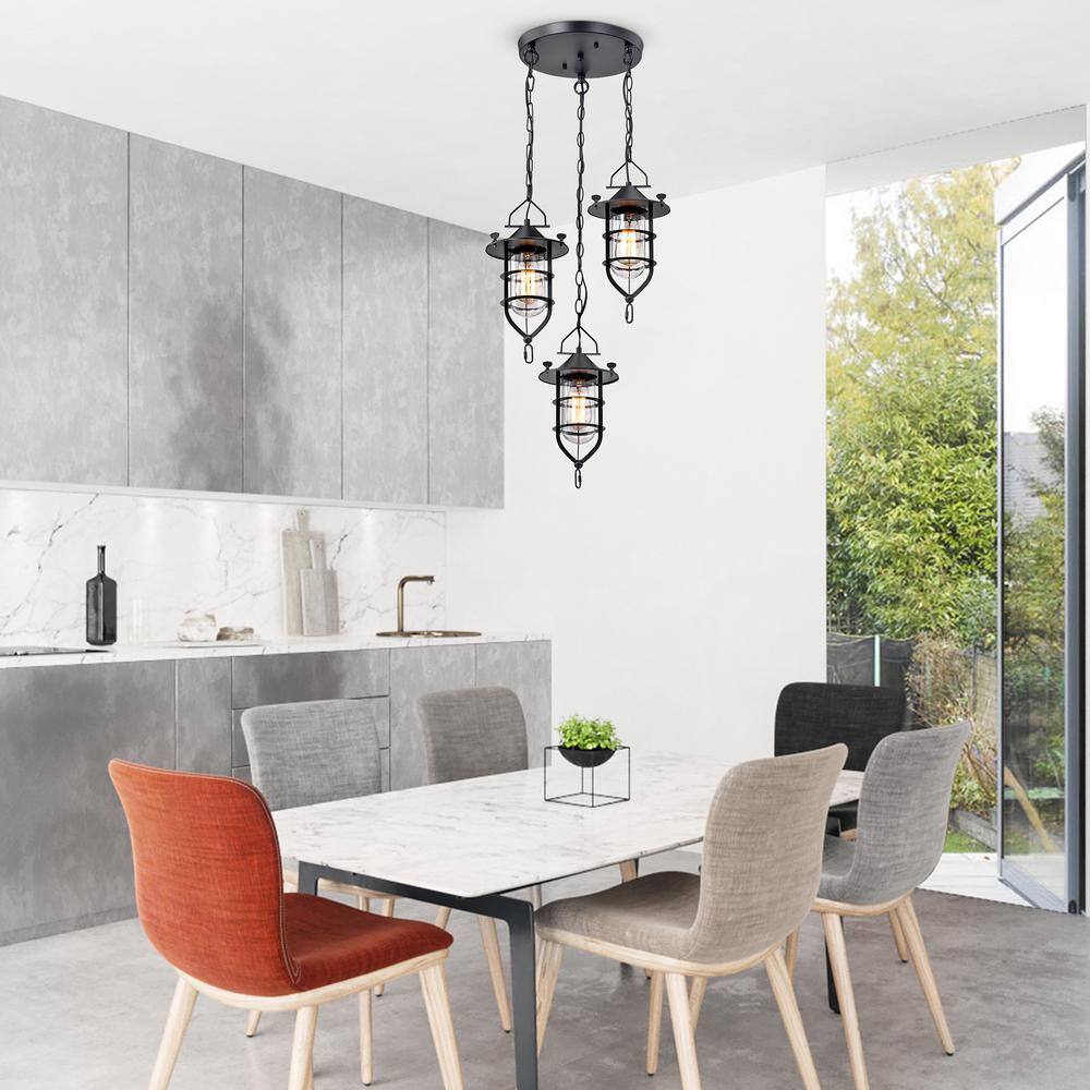 Modern Black and Brown 3-Light Chandelier with Glass Shades
