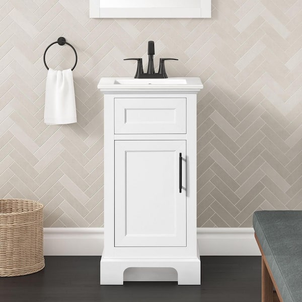 Doveton 18 in. Single Sink Compact Freestanding Bath Vanity in White with White Ceramic Top (Assembled)