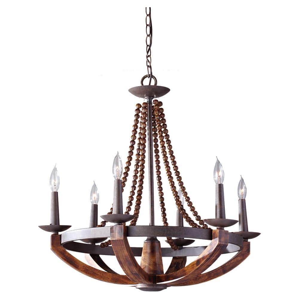 Generation Lighting Adan 6-Light Rustic Iron/Burnished Wood Beaded  Candlestick Hanging Chandelier with Carved Wood Bead Details F2749/6RI/BWD  - The 