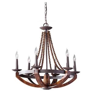 Adan 6-Light Rustic Iron/Burnished Wood Beaded Candlestick Hanging Chandelier with Carved Wood Bead Details