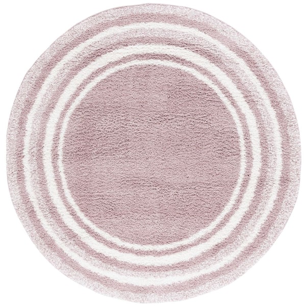 SAFAVIEH Border and Stripe Shag 7 ft. x 7 ft. Pink/Ivory Concentric Border Round Area Rug