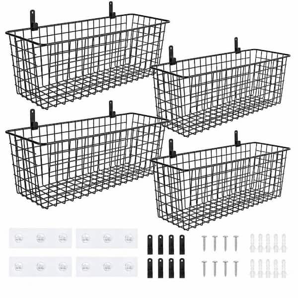 4-Set Hanging Wall Mount Storage Baskets with Steel Hooks, Multiuse Sturdy Wire Metal Organizing Baskets, Black
