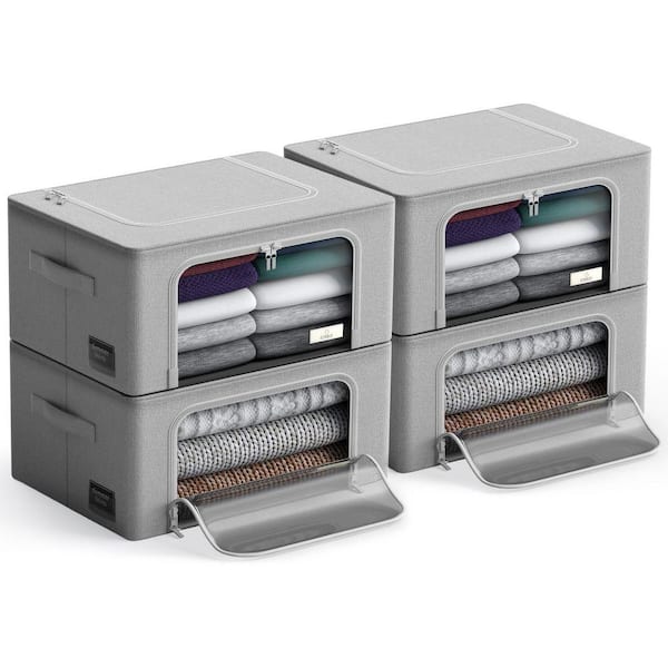 Storage Bins, Organizers with Metal Frame, Handles, and Window, Gray 15.75 in. x 8 in. Fabric Decorative Box (Set of 4)