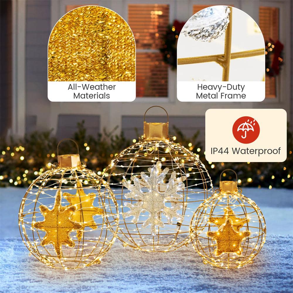 Gold Pre-Lit Christmas Lantern Balls with LED Lights, Set of 3