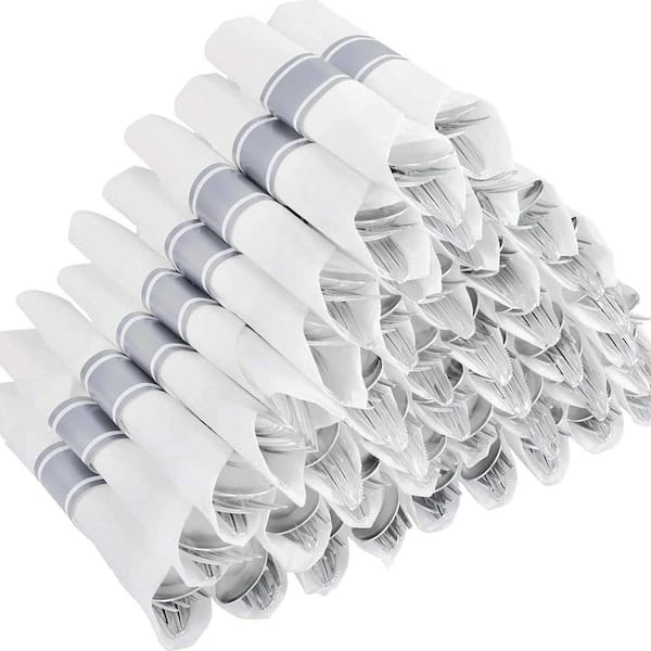 50 Pack Pre Rolled Silver Plastic Silverware Sets, Heavy Duty Disposable Utensils with Napkins for Wedding Party