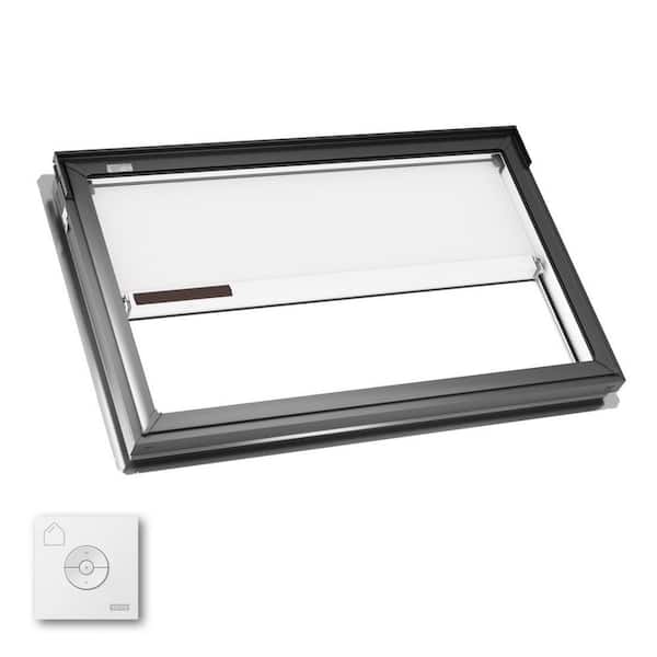44-1/4 in. x 26-7/8 in. Fixed Deck Mount Skylight w/ Laminated Low-E3 Glass, White Solar Powered Room Darkening Shade