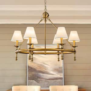 34 in. 6-Light W White Vitage Brass Chandelier Untique Classic Lighting with Fabric Lamp Shade for Dining Room