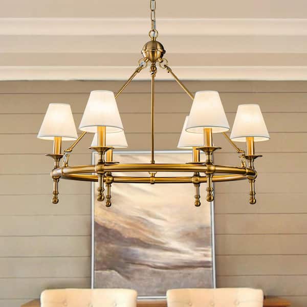 34 in. 6-Light W White Vitage Brass Chandelier Untique Classic Lighting with Fabric Lamp Shade for Dining Room