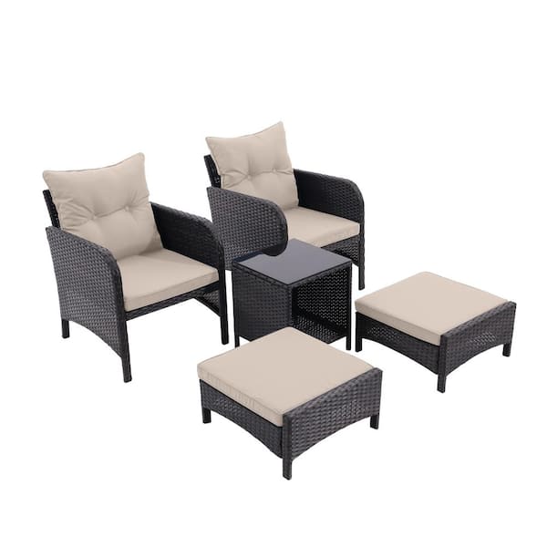 JimsMaison 5-Piece Wicker Patio Conversation Set with Grey Cushions