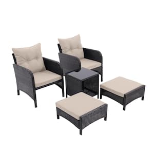 5-Piece Wicker Patio Conversation Set with Grey Cushions