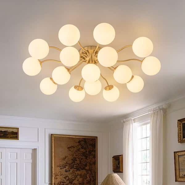 Ceder 16-Light 51.2 in. W Brass Semi-Flush Mount Modern Branch Sputnik Ceiling Light with Globe Opal Glass for Kitchen