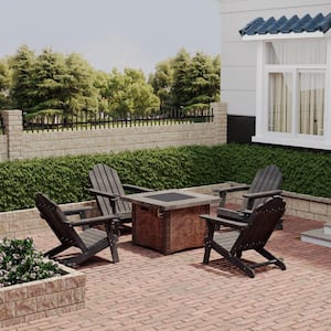 34.5 in. 5-Piece Metal Patio Fire Pit Set Fire Pit Table and Gray Adirondack Chairs with Cup Holder and Umbrella Holder