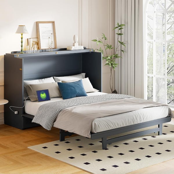 Harper & Bright Designs Gray Wood Frame Queen Size Murphy Bed with Large Drawer, USB Charging Port